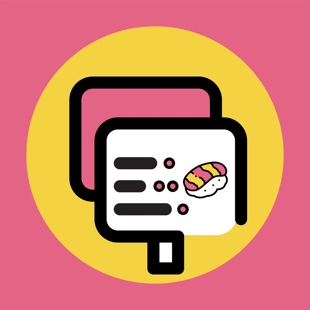 OrderBuddy App 图标:黄色与玫瑰色底上的一张菜单卡片,卡片上有一块寿司